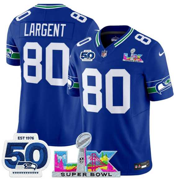 Men%27s Seattle Seahawks #80 Steve Largent Royal 2025 F.U.S.E. Super Bowl LX Patch And 50th Season Patch Vapor Throwback Limited Stitched Jersey->nfl hats->Sports Caps