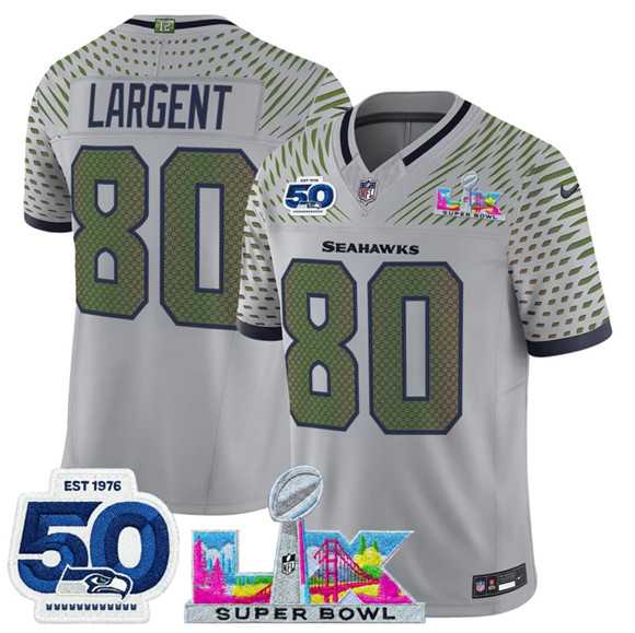 Men%27s Seattle Seahawks #80 Steve Largent Gray 2025 F.U.S.E. Super Bowl LX Patch And 50th Season Patch %27Rivalries%27 Vapor Limited Stitched Jersey->nfl hats->Sports Caps