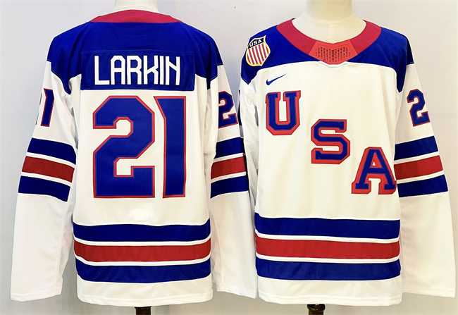 Mens USA #21 Dylan Larkin White 2025-2026 Stitched Jersey->olympics usa jerseys->NHL Jersey