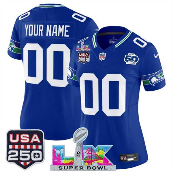 Women%27s Seattle Seahawks Active Player Custom Royal 2025 F.U.S.E. Super Bowl LX Patch And 50th Season & USA 250%27 Patch Vapor Throwback Limited Stitched Jersey->olympics canada jerseys->NHL Jersey