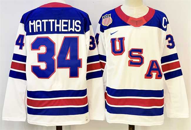 Mens USA #34 Auston Matthews White 2025-2026 With C Patch Stitched Jersey->olympics usa jerseys->NHL Jersey