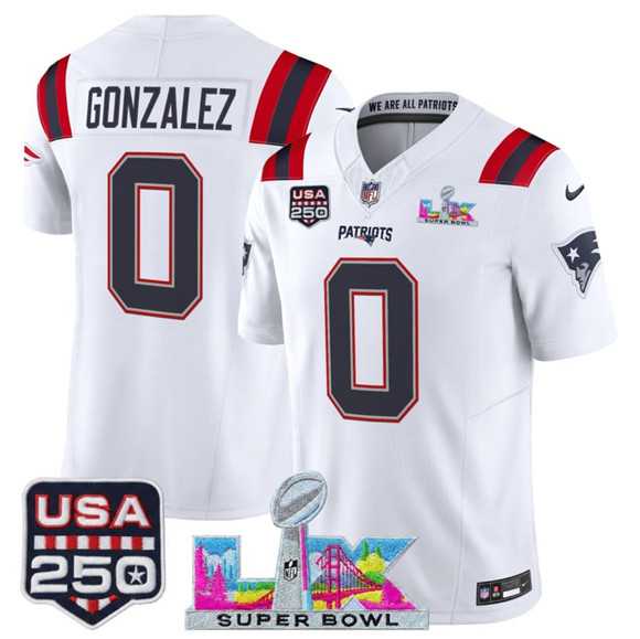 Men%27s New England Patriots #0 Christian Gonzalez White 2025 F.U.S.E. Super Bowl LX Patch And USA 250%27 Patch Vapor Limited Stitched Jersey->new england patriots->NFL Jersey