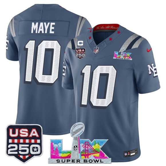 Men%27s New England Patriots #10 Drake Maye Storm Blue 2025 F.U.S.E. 1-Star C Patch And Super Bowl LX Patch & USA 250%27 Patch %27Rivalries%27 Vapor Limited Stitched Jersey->new england patriots->NFL Jersey