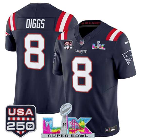 Men%27s New England Patriots #8 Stefon Diggs Navy 2025 F.U.S.E. Super Bowl LX Patch And USA 250%27 Patch Vapor Limited Stitched Jersey->new england patriots->NFL Jersey