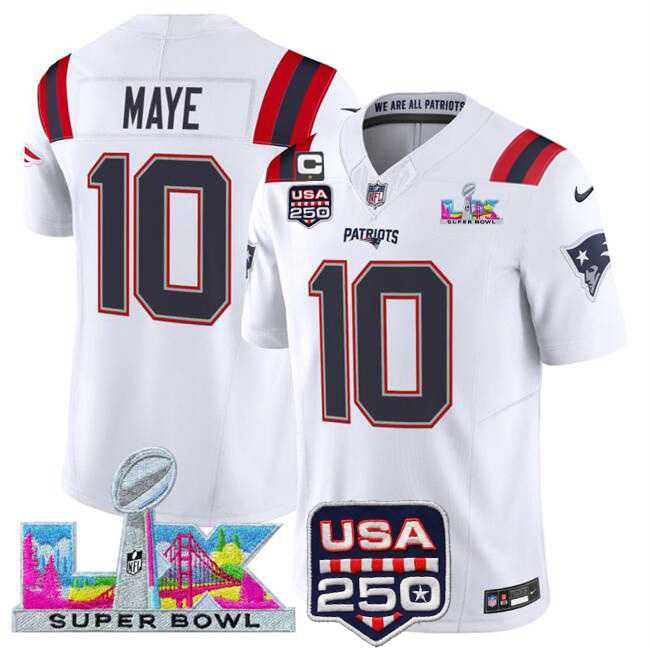 Men%27s New England Patriots #10 Drake Maye White 2025 F.U.S.E. Super Bowl LX Patch USA 250%27 Patch Vapor Limited Stitched Jersey->new england patriots->NFL Jersey
