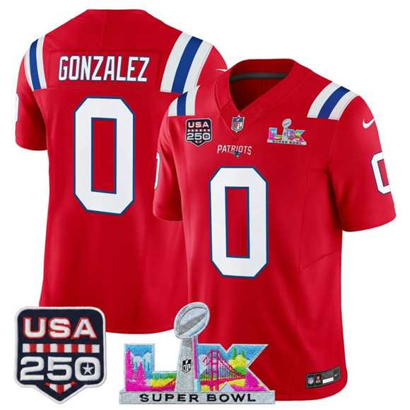 Men%27s New England Patriots #0 Christian Gonzalez Red 2025 F.U.S.E. Super Bowl LX Patch And USA 250%27 Patch Vapor Limited Stitched Jersey->new england patriots->NFL Jersey