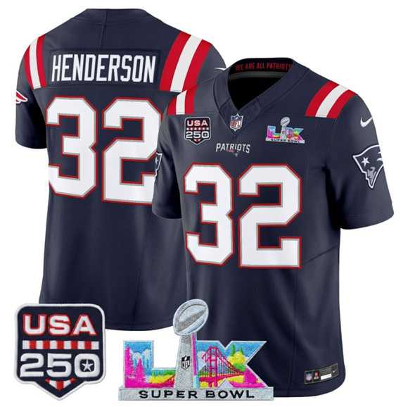 Men%27s New England Patriots #32 TreVeyon Henderson Navy 2025 F.U.S.E. Super Bowl LX Patch And USA 250%27 Patch Vapor Limited Stitched Jersey->new england patriots->NFL Jersey