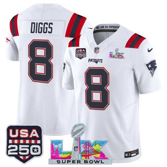 Men%27s New England Patriots #8 Stefon Diggs White 2025 F.U.S.E. Super Bowl LX Patch And USA 250%27 Patch Vapor Limited Stitched Jersey->new england patriots->NFL Jersey