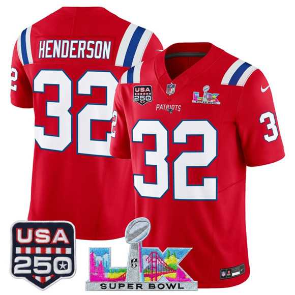 Men%27s New England Patriots #32 TreVeyon Henderson Red 2025 F.U.S.E. Super Bowl LX Patch And USA 250%27 Patch Vapor Limited Stitched Jersey->new england patriots->NFL Jersey