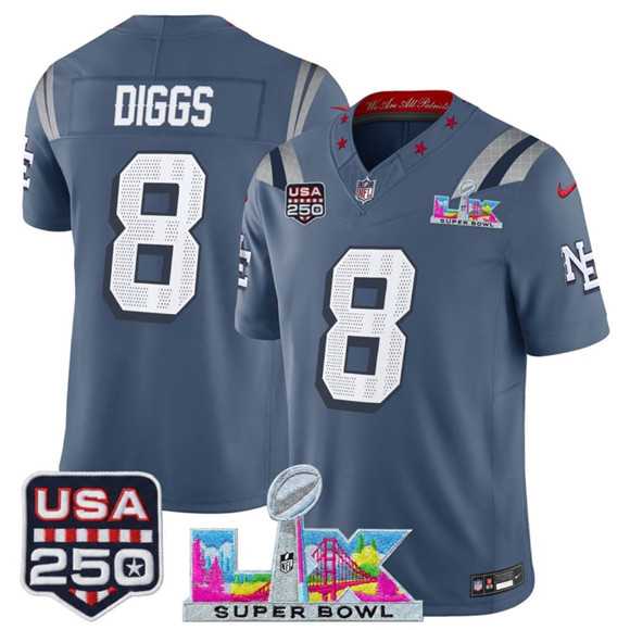 Men%27s New England Patriots #8 Stefon Diggs Storm Blue 2025 F.U.S.E. Super Bowl LX & USA 250%27 Patch %27Rivalries%27 Vapor Limited Stitched Jersey->new england patriots->NFL Jersey