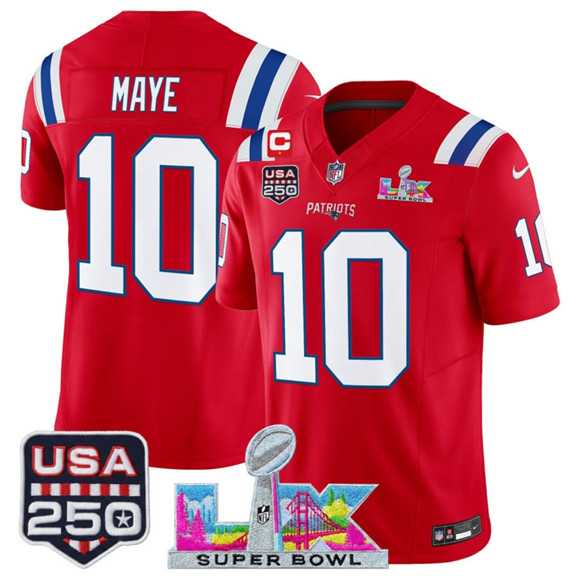 Men%27s New England Patriots #10 Drake Maye Red 2025 F.U.S.E. 1-Star C Patch And Super Bowl LX Patch & USA 250%27 Patch Vapor Limited Stitched Jersey->new england patriots->NFL Jersey