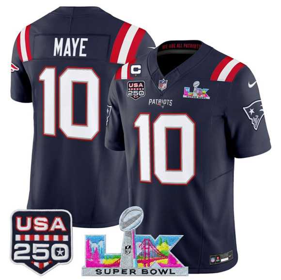 Men%27s New England Patriots #10 Drake Maye Navy 2025 F.U.S.E. 1-Star C Patch And Super Bowl LX Patch & USA 250%27 Patch Vapor Limited Stitched Jersey->new england patriots->NFL Jersey