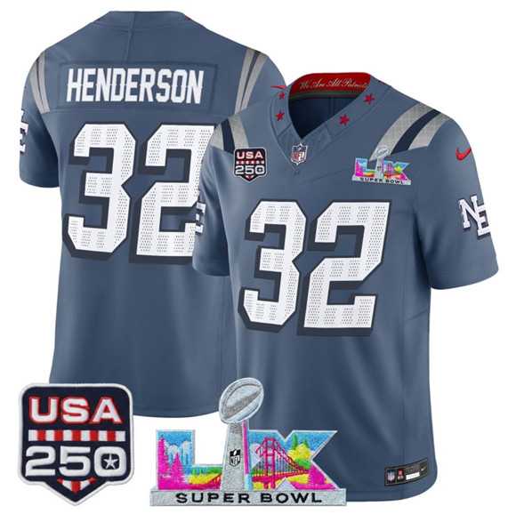 Men%27s New England Patriots #32 TreVeyon Henderson Storm Blue 2025 F.U.S.E. Super Bowl LX & USA 250%27 Patch %27Rivalries%27 Vapor Limited Stitched Jersey->new england patriots->NFL Jersey