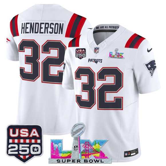 Men%27s New England Patriots #32 TreVeyon Henderson White 2025 F.U.S.E. Super Bowl LX Patch And USA 250%27 Patch Vapor Limited Stitched Jersey->new england patriots->NFL Jersey