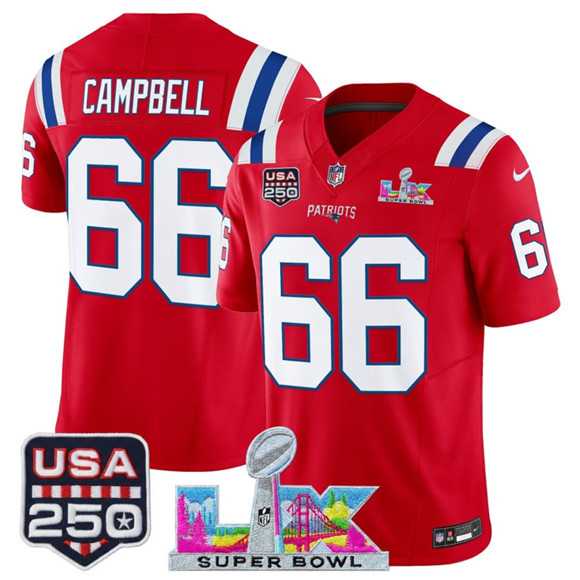 Men%27s New England Patriots #66 Will Campbell Red 2025 F.U.S.E. Super Bowl LX Patch And USA 250%27 Patch Vapor Limited Stitched Jersey->new england patriots->NFL Jersey
