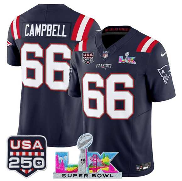 Men%27s New England Patriots #66 Will Campbell Navy 2025 F.U.S.E. Super Bowl LX Patch And USA 250%27 Patch Vapor Limited Stitched Jersey->new england patriots->NFL Jersey