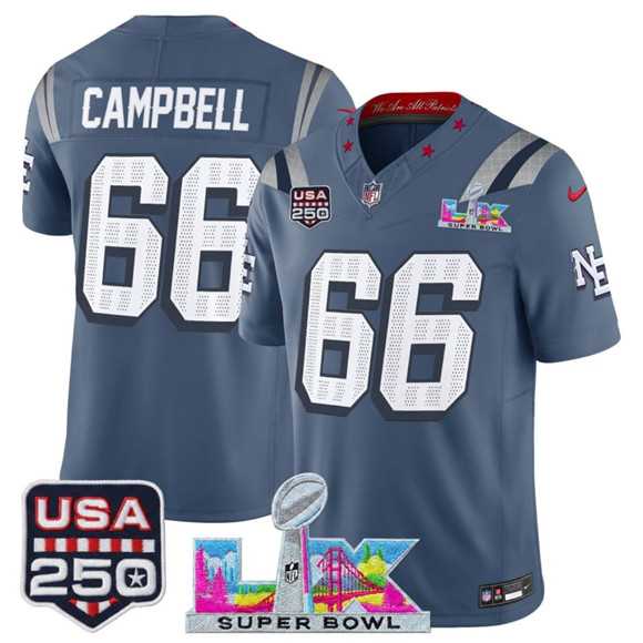 Men%27s New England Patriots #66 Will Campbell Storm Blue 2025 F.U.S.E. Super Bowl LX & USA 250%27 Patch %27Rivalries%27 Vapor Limited Stitched Jersey->new england patriots->NFL Jersey