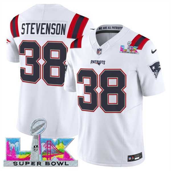Men%27s New England Patriots #38 Rhamondre Stevenson White 2025 F.U.S.E. Super Bowl LX Patch Vapor Limited Stitched Jersey->new england patriots->NFL Jersey