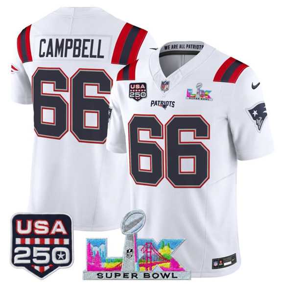 Men%27s New England Patriots #66 Will Campbell White 2025 F.U.S.E. Super Bowl LX Patch And USA 250%27 Patch Vapor Limited Stitched Jersey->new england patriots->NFL Jersey