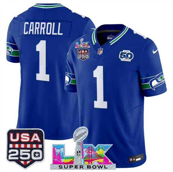 Men%27s Seattle Seahawks #1 Pete Carroll Royal 2025 F.U.S.E. Super Bowl LX Patch And 50th Season & USA 250%27 Patch Vapor Throwback Limited Stitched Jersey->seattle seahawks->NFL Jersey