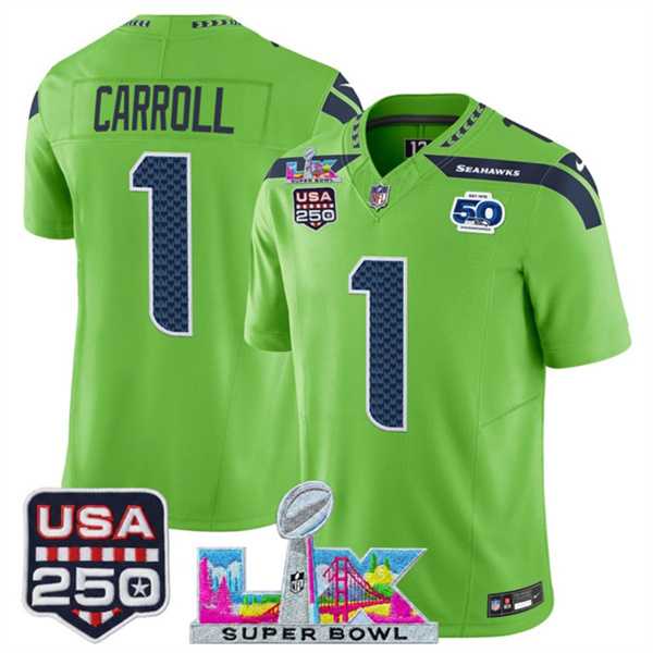 Men%27s Seattle Seahawks #1 Pete Carroll Green 2025 F.U.S.E. Super Bowl LX Patch And 50th Season & USA 250%27 Patch Vapor Limited Stitched Jersey->seattle seahawks->NFL Jersey