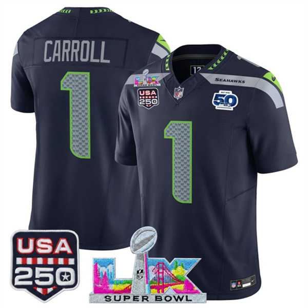 Men%27s Seattle Seahawks #1 Pete Carroll Navy 2025 F.U.S.E. Super Bowl LX Patch And 50th Season & USA 250%27 Patch Vapor Limited Stitched Jersey->seattle seahawks->NFL Jersey