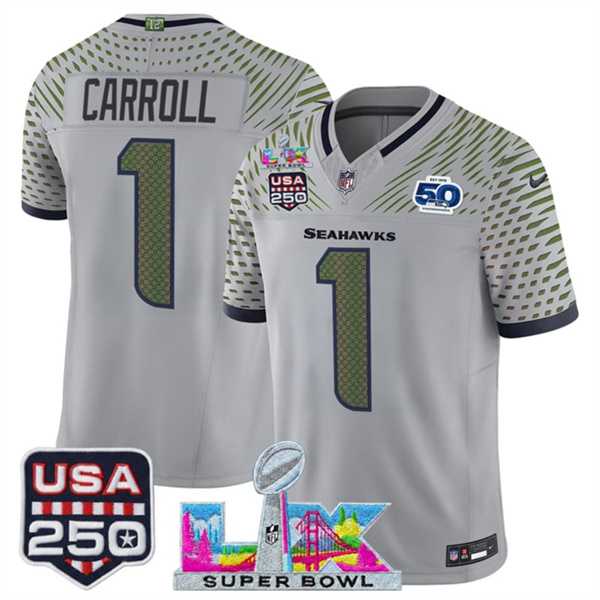 Men%27s Seattle Seahawks #1 Pete Carroll Gray 2025 F.U.S.E. Super Bowl LX & US 250th anniversary Patch And 50th Season Patch %27Rivalries%27 Vapor Limited Stitched Jersey->new england patriots->NFL Jersey