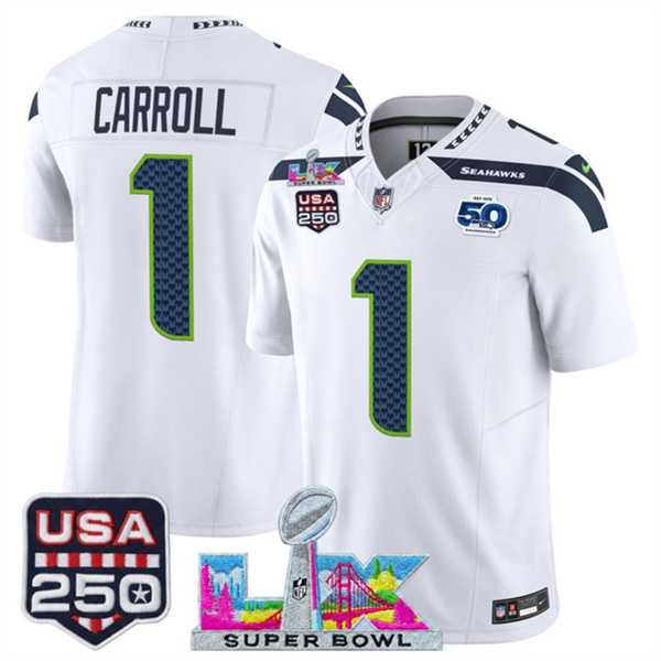 Men%27s Seattle Seahawks #1 Pete Carroll White 2025 F.U.S.E. Super Bowl LX Patch And 50th Season & USA 250%27 Patch Vapor Limited Stitched Jersey->seattle seahawks->NFL Jersey