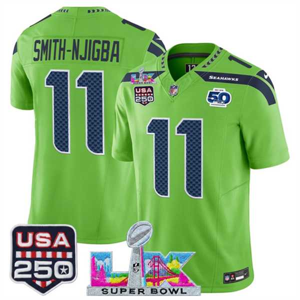 Men%27s Seattle Seahawks #11 Jaxon Smith-Njigba Green 2025 F.U.S.E. Super Bowl LX Patch And 50th Season & USA 250%27 Patch Vapor Limited Stitched Jersey->seattle seahawks->NFL Jersey
