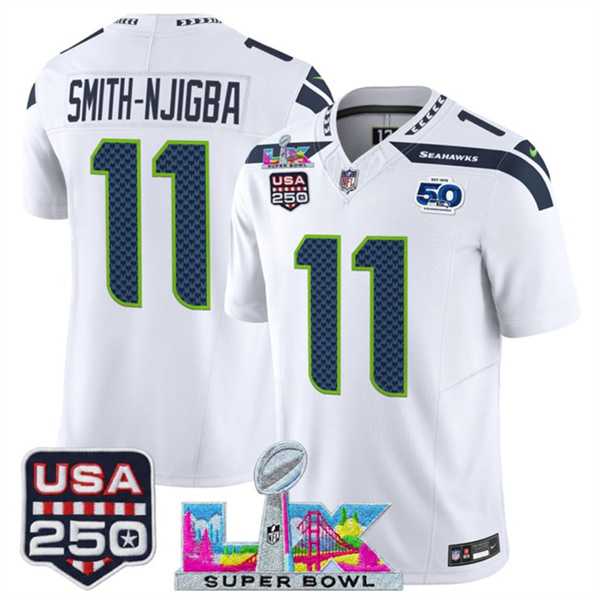 Men%27s Seattle Seahawks #11 Jaxon Smith-Njigba White 2025 F.U.S.E. Super Bowl LX Patch And 50th Season & USA 250%27 Patch Vapor Limited Stitched Jersey->seattle seahawks->NFL Jersey