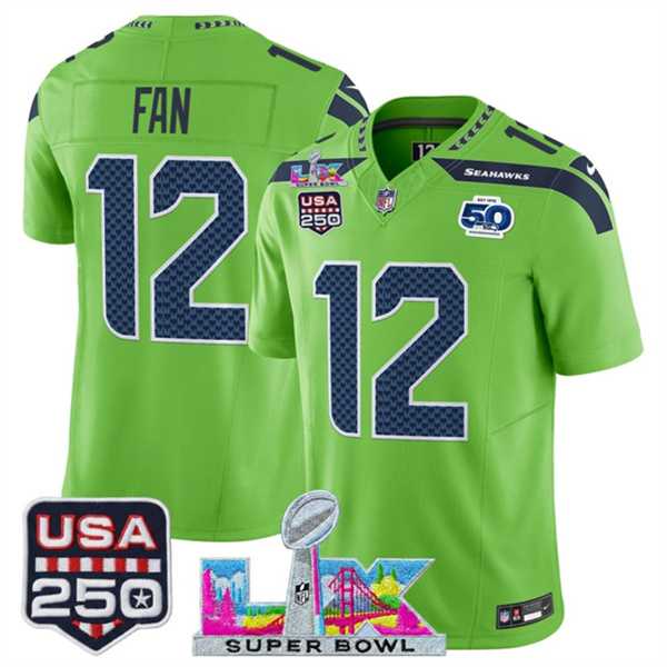 Men%27s Seattle Seahawks #12 Fan Green 2025 F.U.S.E. Super Bowl LX Patch And 50th Season & USA 250%27 Patch Vapor Limited Stitched Jersey->seattle seahawks->NFL Jersey