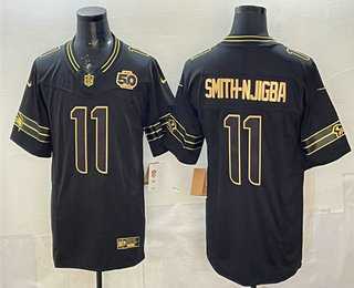 Men%27s Seattle Seahawks #11 Jaxon Smith-Njigba Black Gold 2025 FUSE 50th Season Patch Limited Stitched Jersey Dzhi->seattle seahawks->NFL Jersey