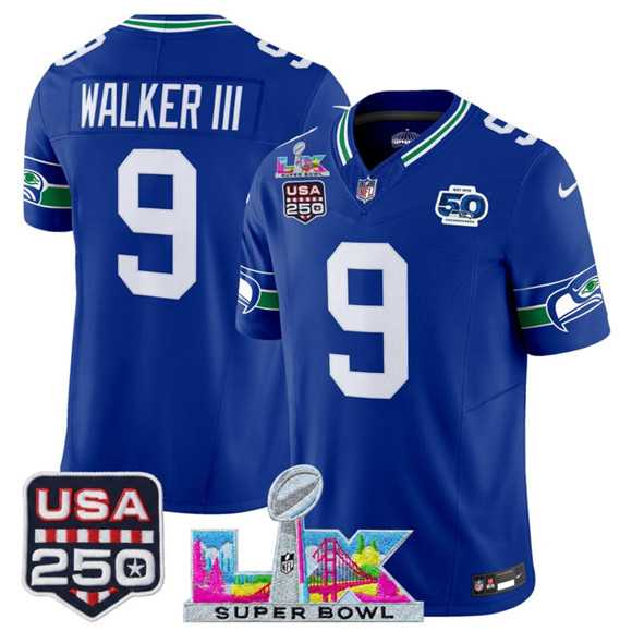 Men%27s Seattle Seahawks #9 Kenneth Walker III Royal 2025 F.U.S.E. Super Bowl LX Patch And 50th Season & USA 250%27 Patch Vapor Throwback Limited Stitched Jersey->seattle seahawks->NFL Jersey