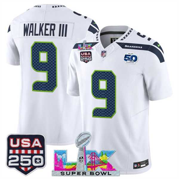 Men%27s Seattle Seahawks #9 Kenneth Walker III White 2025 F.U.S.E. Super Bowl LX Patch And 50th Season & USA 250%27 Patch Vapor Limited Stitched Jersey->seattle seahawks->NFL Jersey