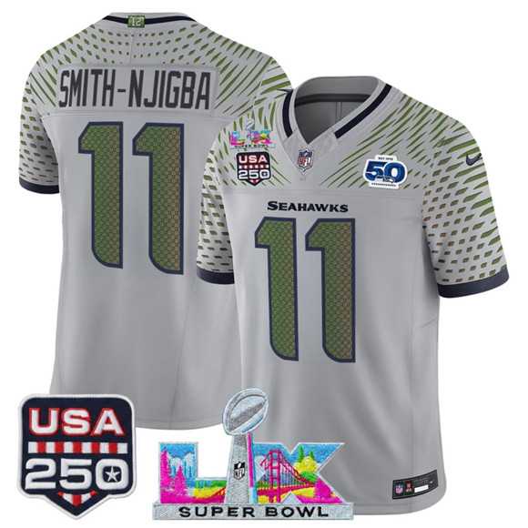 Men%27s Seattle Seahawks #11 Jaxon Smith-Njigba Gray 2025 F.U.S.E. Super Bowl LX & US 250th anniversary Patch And 50th Season Patch %27Rivalries%27 Vapor Limited Stitched Jersey->seattle seahawks->NFL Jersey
