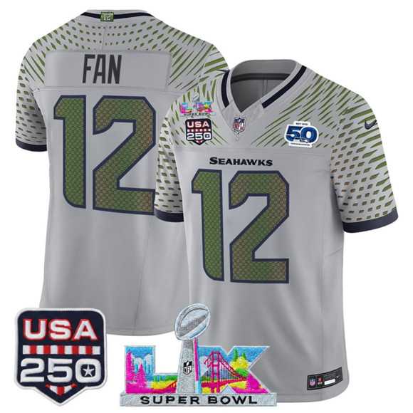 Men%27s Seattle Seahawks #12 Fan Gray 2025 F.U.S.E. Super Bowl LX & US 250th anniversary Patch And 50th Season Patch %27Rivalries%27 Vapor Limited Stitched Jersey->seattle seahawks->NFL Jersey