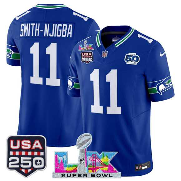 Men%27s Seattle Seahawks #11 Jaxon Smith-Njigba Royal 2025 F.U.S.E. Super Bowl LX Patch And 50th Season & USA 250%27 Patch Vapor Throwback Limited Stitched Jersey->seattle seahawks->NFL Jersey