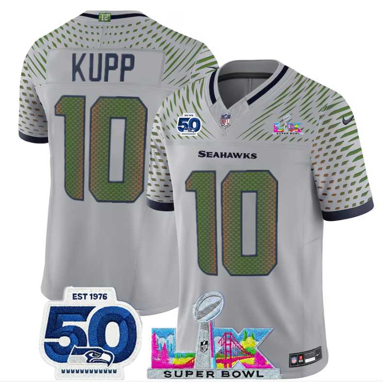 Men%27s Seattle Seahawks #10 Cooper Kupp Grey 2025 F.U.S.E. Super Bowl LX Patch And 50th Season Patch %27Rivalries%27 Vapor Limited Stitched Jersey->seattle seahawks->NFL Jersey