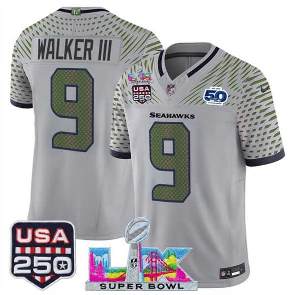 Men%27s Seattle Seahawks #9 Kenneth Walker III Gray 2025 F.U.S.E. Super Bowl LX & US 250th anniversary Patch And 50th Season Patch %27Rivalries%27 Vapor Limited Stitched Jersey->seattle seahawks->NFL Jersey