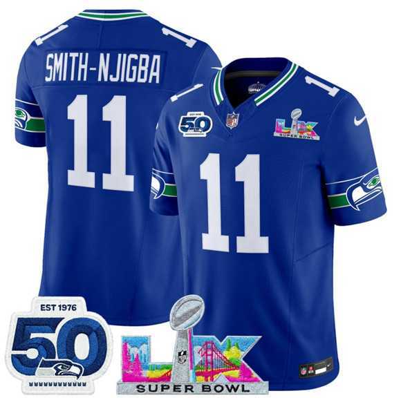 Men%27s Seattle Seahawks #11 Jaxon Smith-Njigba Royal 2025 F.U.S.E. Super Bowl LX Patch And 50th Season Patch Vapor Throwback Limited Stitched Jersey->seattle seahawks->NFL Jersey