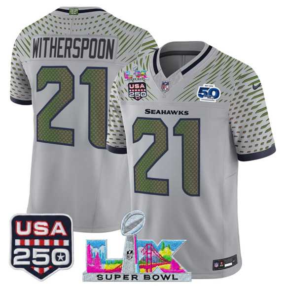 Men%27s Seattle Seahawks #21 Devon Witherspoon Gray 2025 F.U.S.E. Super Bowl LX & US 250th anniversary Patch And 50th Season Patch %27Rivalries%27 Vapor Limited Stitched Jersey->seattle seahawks->NFL Jersey