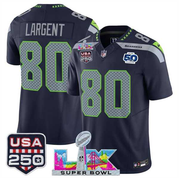 Men%27s Seattle Seahawks #80 Steve Largent Navy 2025 F.U.S.E. Super Bowl LX Patch And 50th Season & USA 250%27 Patch Vapor Limited Stitched Jersey->seattle seahawks->NFL Jersey