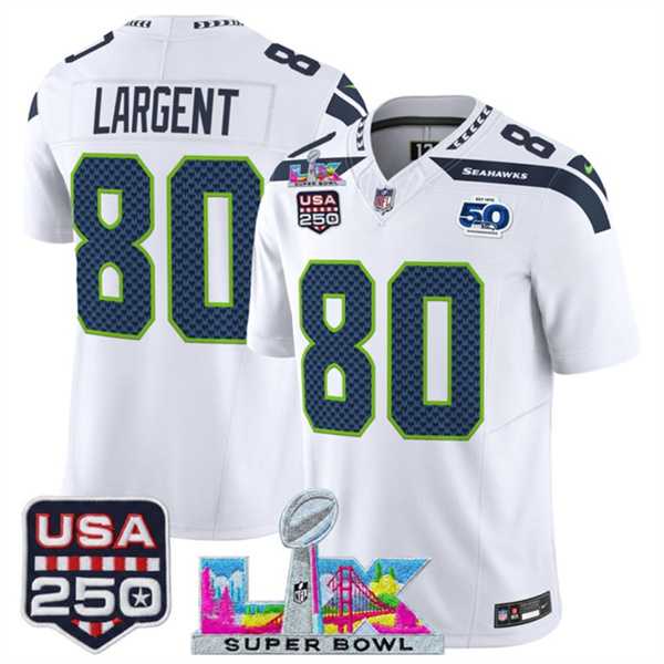 Men%27s Seattle Seahawks #80 Steve Largent White 2025 F.U.S.E. Super Bowl LX Patch And 50th Season & USA 250%27 Patch Vapor Limited Stitched Jersey->seattle seahawks->NFL Jersey