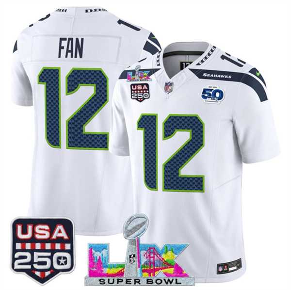Men%27s Seattle Seahawks #12 Fan White 2025 F.U.S.E. Super Bowl LX Patch And 50th Season & USA 250%27 Patch Vapor Limited Stitched Jersey->seattle seahawks->NFL Jersey
