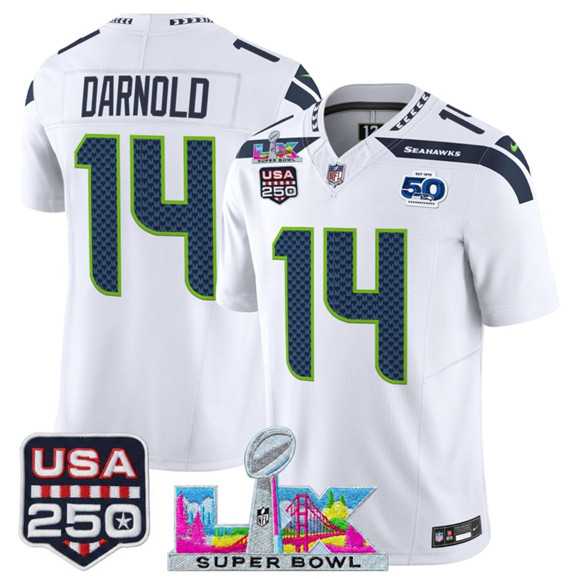 Men%27s Seattle Seahawks #14 Sam Darnold White 2025 F.U.S.E. Super Bowl LX Patch And 50th Season & USA 250%27 Patch Vapor Limited Stitched Jersey->seattle seahawks->NFL Jersey