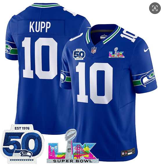 Men%27s Seattle Seahawks#10 Cooper Kupp Royal 2025 F.U.S.E. Super Bowl LX Patch And 50th Season Patch Vapor Throwback Limited Stitched Jersey->seattle seahawks->NFL Jersey