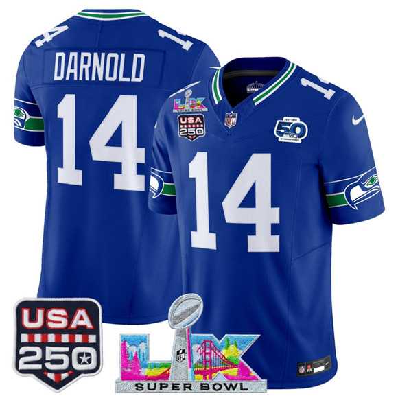 Men%27s Seattle Seahawks #14 Sam Darnold Royal 2025 F.U.S.E. Super Bowl LX Patch And 50th Season & USA 250%27 Patch Vapor Throwback Limited Stitched Jersey->seattle seahawks->NFL Jersey