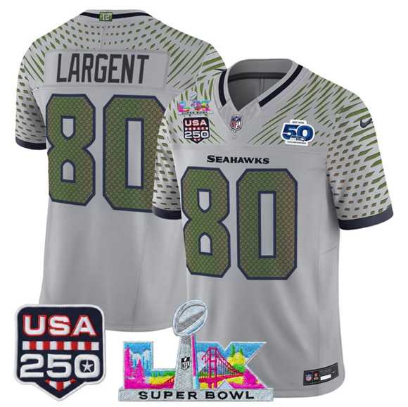 Men%27s Seattle Seahawks #80 Steve Largent Gray 2025 F.U.S.E. Super Bowl LX & US 250th anniversary Patch And 50th Season Patch %27Rivalries%27 Vapor Limited Stitched Jersey->seattle seahawks->NFL Jersey