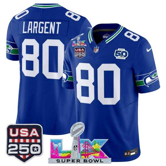 Men%27s Seattle Seahawks #80 Steve Largent Royal 2025 F.U.S.E. Super Bowl LX Patch And 50th Season & USA 250%27 Patch Vapor Throwback Limited Stitched Jersey->seattle seahawks->NFL Jersey
