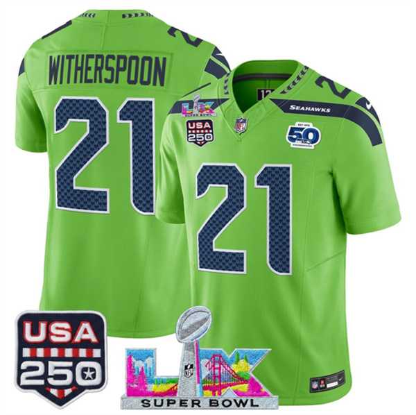 Men%27s Seattle Seahawks #21 Devon Witherspoon Green 2025 F.U.S.E. Super Bowl LX Patch And 50th Season & USA 250%27 Patch Vapor Limited Stitched Jersey->seattle seahawks->NFL Jersey